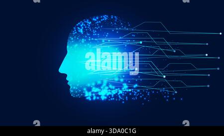 Intelligenza ARTIFICIALE con flussi di dati delle reti neurali che simboleggiano l'apprendimento automatico e l'automazione. Per annunci tecnici, siti Web e campagne di marketing. Illustrazione vettoriale... Illustrazione Vettoriale