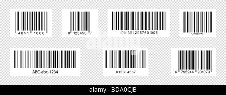Set di adesivi con codice a barre. Etichette con codice a barre isolate su sfondo trasparente. Presentazione visiva dei dati digitali con informazioni su prodotto, evento Illustrazione Vettoriale