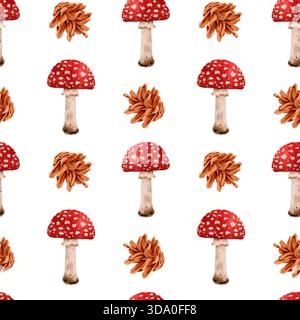 I funghi rossi con macchie bianche sono circondati da un motivo di foglie marroni. Il fungo è il punto focale principale dell'immagine. Motivo senza cuciture ad acquerello disegnato a mano Foto Stock