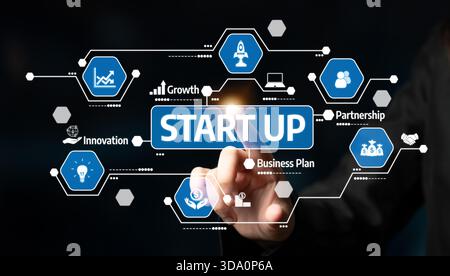 Questa immagine illustra il concetto di startup, mostrando elementi come crescita, innovazione e partnership, evidenziando il business moderno Foto Stock