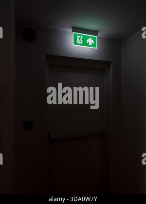 La porta dell'uscita di emergenza con segnale verde illuminato nel corridoio scuro simboleggia la fuga d'incendio, la sicurezza dell'edificio, il percorso di evacuazione, la preparazione alle emergenze, e. Foto Stock