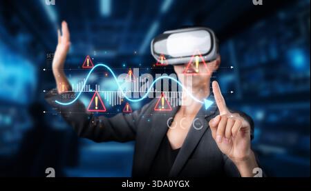 Una donna d'affari utilizza la tecnologia della realtà virtuale per interagire con i dati di trading del mercato azionario, visualizzando avvisi e analisi in un ambiente digitale moderno Foto Stock