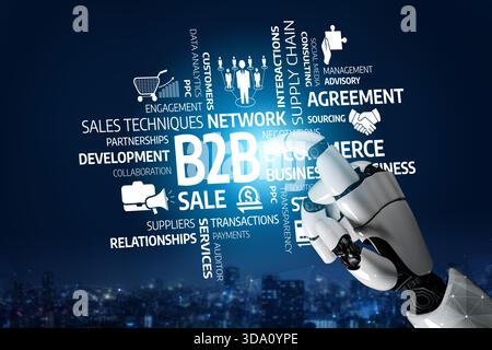 Una mano robotica futuristica interagisce con vari concetti B2B in un panorama aziendale digitale, evidenziando temi di innovazione, collaborazione e. Foto Stock