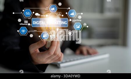 Un'immagine concettuale che illustra il marketing digitale con una lampadina che rappresenta idee innovative. Perfetto per argomenti su pubblicità, e-commerce e. Foto Stock