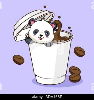 Carino Panda dentro una tazza di caffè illustrazione vettoriale Cartoon Design Kawaii Illustrazione Vettoriale