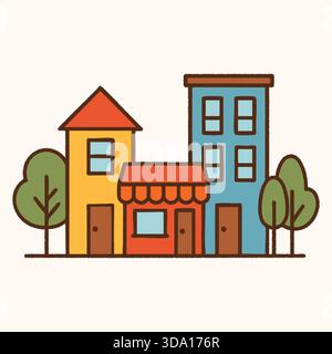 Una bella strada con piccole case e un negozio fiancheggiato da alberi. Illustrazione Vettoriale