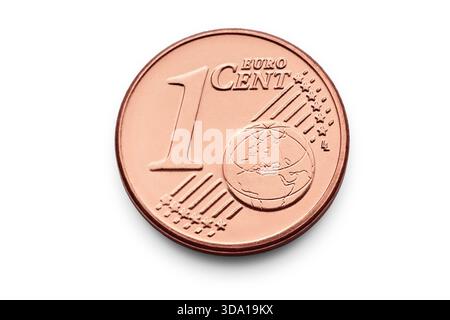 Moneta da 1 centesimo Euro, macro isolato su sfondo bianco Foto Stock