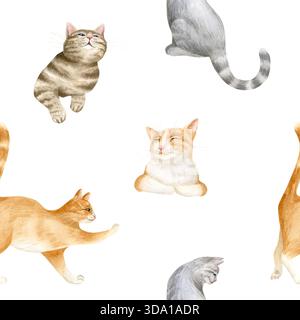 Simpatici gatti con motivo ad acquerello senza cuciture sul bianco. Arancione, marrone e grigio simpatici animali domestici in varie pose. Animali domestici ripetono lo sfondo per animale domestico Foto Stock