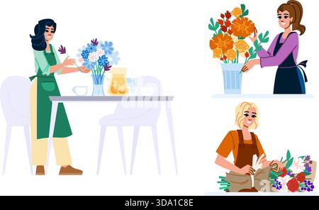 Fioriste che creano freschi bouquet floreali e composizioni Illustrazione Vettoriale