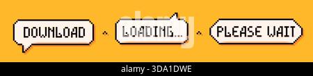 Bolle vocali pixel ART 3: Download, caricamento e attendere parole su sfondo giallo. Illustrazione Vettoriale