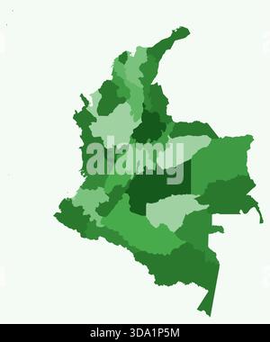Mappa della Colombia con le regioni. Solo una semplice mappa di confine con la divisione della regione. Tavolozza dei colori verde. Illustrazione Vettoriale