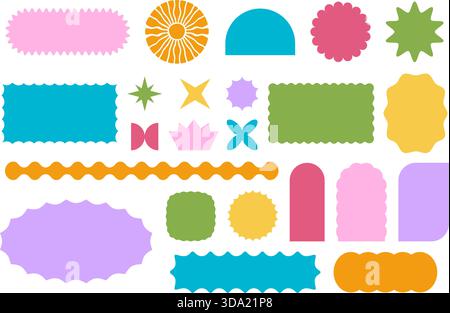 Set di forme colorate ad arco e sole, rettangolari e quadrate, ovali e circolari con bordi ondulati. Forme geometriche carine con bordi smerlati. Caselle, etichette o etichette vuote. Illustrazione piatta vettoriale. Illustrazione Vettoriale
