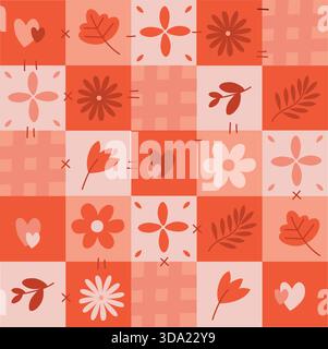 Motivo patchwork a mosaico rosa vettoriale senza cuciture – quadrati decorativi con foglie, cuori e fiori stilizzati – un design accogliente ispirato alla trapunta per i tessuti Illustrazione Vettoriale