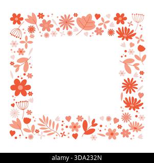 Cornice floreale rosa vettoriale con foglie e frutti di bosco e cuori piccoli. Isolato su sfondo bianco. Può essere utilizzato come etichetta o per San Valentino, Illustrazione Vettoriale