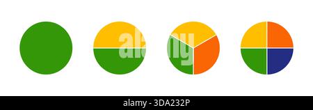 Carte per pizza multicolore, torte segmentate da 1 a 4 parti uguali. Infografica sui diagrammi multicolore. Grafico della sezione circolare. Ruote divise in Illustrazione Vettoriale