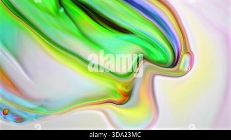 Fusione astratta vorticosa di verde, giallo, viola e rosso su bianco Foto Stock
