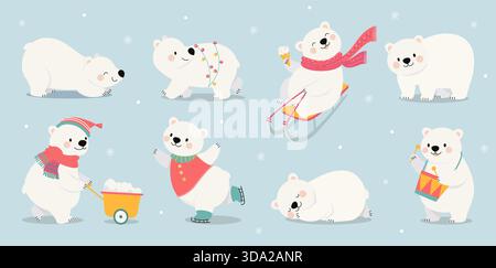 Divertente orso polare. Gli orsi bianchi slittano, pattinano, camminano con ghirlande, dormono. Divertente animale del polo nord varie pose, vettore di cartoni animati nowaday Illustrazione Vettoriale