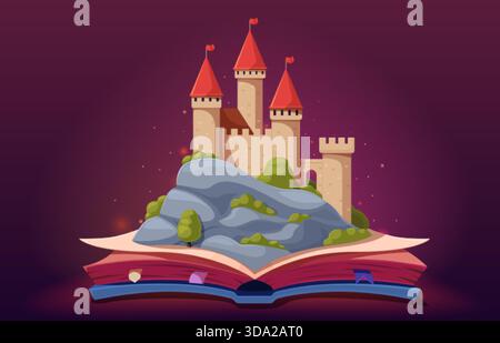 Libro aperto con castello sulla roccia. Notebook da favola, scena magica, metafora dell'immaginazione. Documentazione per lo sfondo del modello pediatrico, design vettoriale sapid Illustrazione Vettoriale