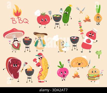 Personaggi di verdure al barbecue. Carne e hot dog, funghi, hamburger e salsa di pomodoro durante la festa al barbecue. Attività all'aperto durante la stagione estiva, cibo da asporto Illustrazione Vettoriale