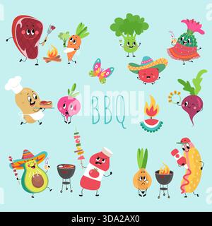 Personaggi dei cartoni animati per barbecue. Pomodoro positivo, broccoli di patate carote e cipolla. Bistecca di carne e hot dog, avocado con cocktail al barbecue, neve Illustrazione Vettoriale