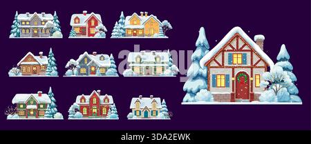 Edifici innevati natalizi invernali con decorazioni vettoriali natalizie. Cartoni animati accoglienti case natalizie, graziosi cottage e ville con alberi di neve e tetti, corone natalizie, luci Illustrazione Vettoriale