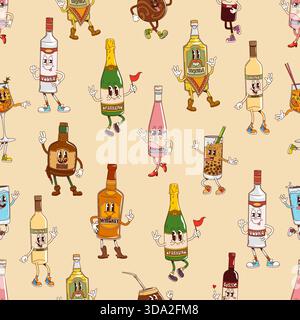 Bevande alcoliche e bevande hippie caratteri vettoriali senza cuciture. Vodka, whisky, rose e vino frizzante, rum divertente, tequila messicana. Sfondo delle bottiglie per bevande cartoni animati Illustrazione Vettoriale