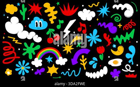Colora le forme vivaci e le forme grafiche astratte dei fumetti. Funky doodle nuvole sorridenti, stelle, zigzag, fulmini, fiori, ciliegie, arcobaleni, note musicali e schizzi Illustrazione Vettoriale