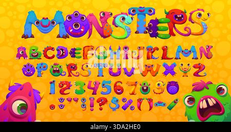 Font Bugaboo dei mostri e caratteri bogle, alfabeto dello spaventapasseri, tipo vettoriale. I bambini dei cartoni animati hanno personaggi buffi e spaventosi in creature bugaboo, snelliti e orchi con artigli e zanne Illustrazione Vettoriale