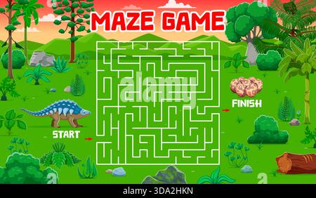Labirinto labirinto foglio di lavoro del gioco, aiuta il dinosauro mon a trovare l'uovo dei suoi bambini. Foglio di lavoro vettoriale del gioco a quiz per bambini, puzzle del percorso di ricerca o indovinello. Labirinto con panoplosaurus madre di dinosauro e uova Illustrazione Vettoriale