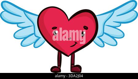 Carino cuore rosso felice con ali blu e un'illustrazione cartoni animati con volto sorridente. Carattere del giorno di Saint valentines. per adesivi , disegni e nastri, Illustrazione Vettoriale