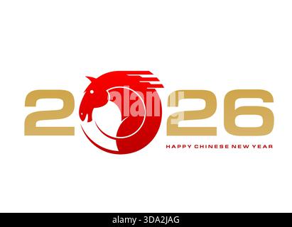 2026 anno cinese di cavallo adesivo o patch. Caratteri orientali 2026, patch vettoriale per le festività cinesi. Calendario lunare etichetta tipografica 2026 anni con tipografia dorata e testa grafica di criniera rossa Illustrazione Vettoriale