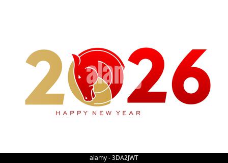 2026 anno orientale dell'adesivo o simbolo del cavallo. Calendario lunare 2026 tipografia, zodiaco cinese 2026 anni calendario data vettoriale patch. Etichetta con il numero del capodanno orientale con testo dorato e testa di cavallo rossa Illustrazione Vettoriale
