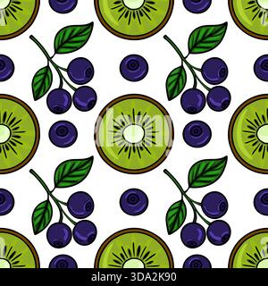 Un vivace e rinfrescante motivo vettoriale senza cuciture con fette di kiwi stilizzate e gruppi di mirtilli con foglie verdi su uno sfondo bianco pulito Illustrazione Vettoriale