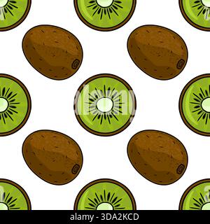 Un motivo vettoriale senza cuciture con kiwi interi e a fette con un'estetica testurizzata e disegnata a mano. Illustrazione Vettoriale