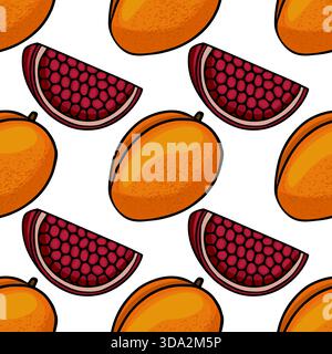 Motivo vettoriale senza cuciture caratterizzato da manghi interi vivaci e succose fette di melograno con uno sfondo bianco pulito. Illustrazione Vettoriale