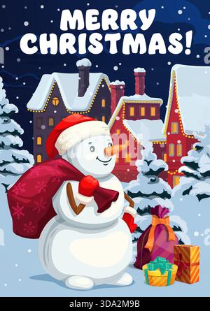 Buon Natale e buone feste, biglietto d'auguri con personaggio dei cartoni animati di pupazzo di neve in una città invernale innevata con case festive, alberi, luci calde, un sacco da regalo rosso e regali per terra Illustrazione Vettoriale