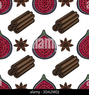 Motivo vettoriale senza cuciture con fichi a fette, bastoncini di cannella e anice stellato in una tavolozza di colori calda e invitante. Illustrazione Vettoriale