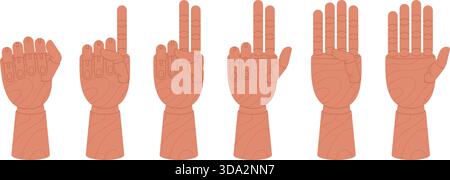 Contare da zero a cinque con manichino di legno. Mani di legno che mostrano numeri, pose diverse per i pittori. Conteggio degli elementi vettoriali di apprendimento Illustrazione Vettoriale
