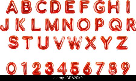 Alfabeto rosso. bolla di lettere 3d, numero di lamina realistico baloon isolato astratto vendita di font testo in inglese o carattere ballon per feste di compleanno, illustrazione vettoriale esatta isolata grafica originale Illustrazione Vettoriale