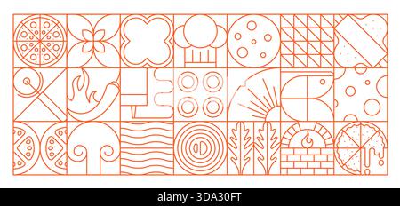 Modello di pizza geometrico astratto di forme e figure delle linee, sfondo vettoriale. Pizza con ingredienti dalle forme geometriche di formaggio, salsicce e funghi in un mosaico alla moda per il design della pizzeria Illustrazione Vettoriale