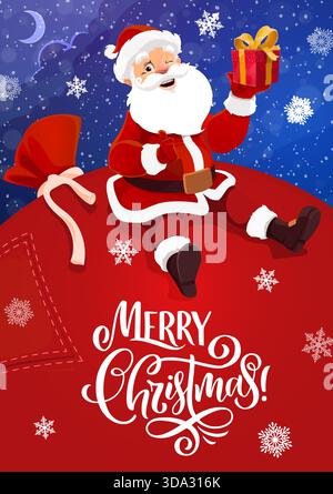 Buon biglietto di auguri natalizi con il personaggio di Babbo Natale seduto su un grande sacco regalo rosso con un regalo in mano, circondato da fiocchi di neve e un cielo stellato. Vector festività natalizie invernali Illustrazione Vettoriale