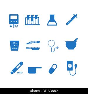 Set di icone mediche piene, farmacia e strumenti di medicina elettronica. Illustrazione Vettoriale