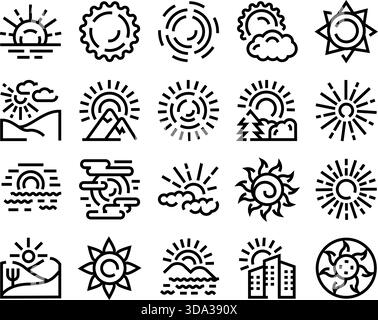 Set di icone artistiche sulla linea del sole e del tempo Illustrazione Vettoriale