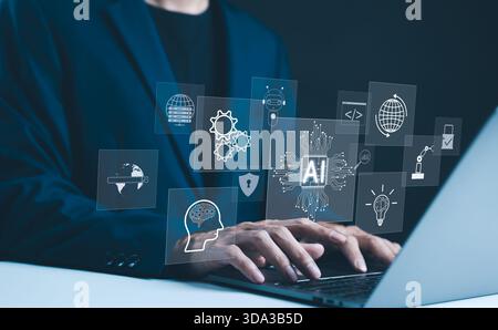 INTELLIGENZA ARTIFICIALE, concetto tecnologico di intelligenza artificiale. Uomo d'affari professionista che lavora con un'interfaccia concettuale di intelligenza artificiale (ai), circondato Foto Stock