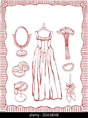 Modello di copertina dell'invito al matrimonio disegnato a mano. Illustrazione vettoriale rossa per la scheda. Abito da sposa, accessori vintage, bouquet nuziale, perle e conchiglie. Poster con spazio per il testo Illustrazione Vettoriale