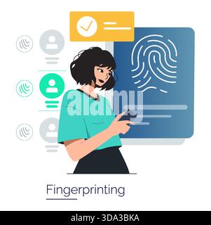 Immagine vettoriale che raffigura una donna che interagisce con un dispositivo mobile per la verifica delle impronte digitali. Enfatizza la sicurezza digitale, l'autenticazione biometrica e l'uso della tecnologia moderna. Illustrazione Vettoriale