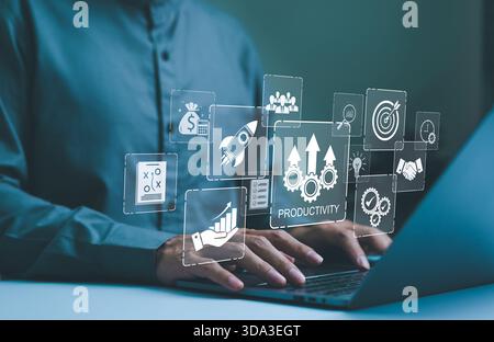 Aumentare il concetto di produttività. Strumenti per aumentare la produttività aziendale. Le icone della produttività, la crescita aziendale e il successo finanziario migliorano l'efficienza Foto Stock