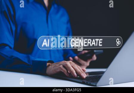 INTELLIGENZA ARTIFICIALE, concetto di tecnologia di intelligenza artificiale. Una persona utilizza ai generate per generatore di immagini, generatore di video, applicazione Web generatore di testo o strumento online, Foto Stock