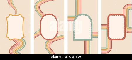 Cornici a capesante ellisse, arco, rettangolo su sfondo a strisce ondulate arcobaleno. Bordi ondulati modelli geometrici per scarabocchi. Bordi dell'arco d'onda. Poster invita Illustrazione Vettoriale
