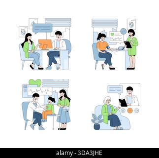 Illustrazione vettoriale che raffigura vari scenari sanitari, tra cui visite ai pazienti, visite mediche e visite a distanza. Le scene sono caratterizzate da professionisti che interagiscono con i pazienti in diverse impostazioni. Illustrazione Vettoriale